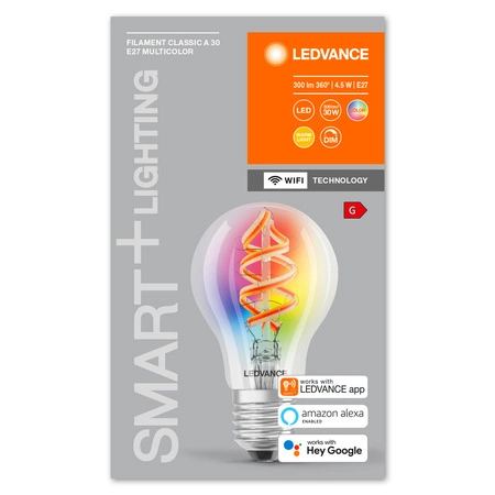 LED žárovka E27 A60 4.5W = 30W 2700K Teplá bílá RGB 300lm 300° LEDVANCE SMART+ WIFI vlákno Stmívatelné
