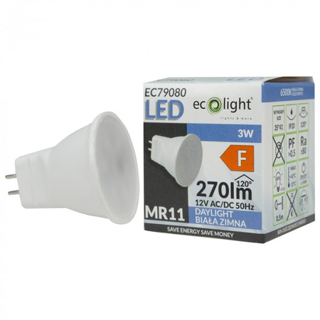 LED reflektorová žárovka MR11 3W 270lm 6500K studená bílá 12V Ecolight