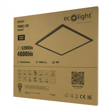 LED panel 60x60 pro zapuštěnou montáž 40W 5200lm 4000K neutrální bílá černé podsvícení Ecolight