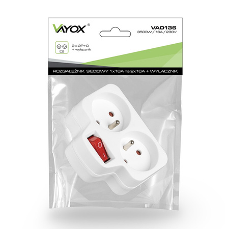 Rozdělovač elektrické sítě 2x 2P+0 Zloděj 2 zásuvky s uzemněním + vypínač VAYOX