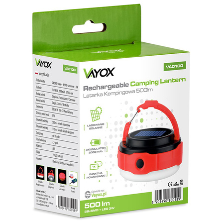 Dobíjecí kempingová svítilna 500lm 3000K-6500K Solární USB-C Powerbank VA0100 VAYOX