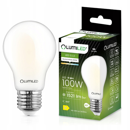 Žárovka LED E27, A60 11W = 100W 1521lm 4000K Neutrální bílá 360° Mléčná Filament LUMILED