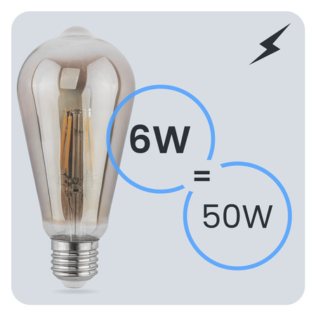 6x Žárovka LED Edison E27, ST64 6W = 50W 420lm 2200K Teplá bílá 360° Filament Smokey LUMILED