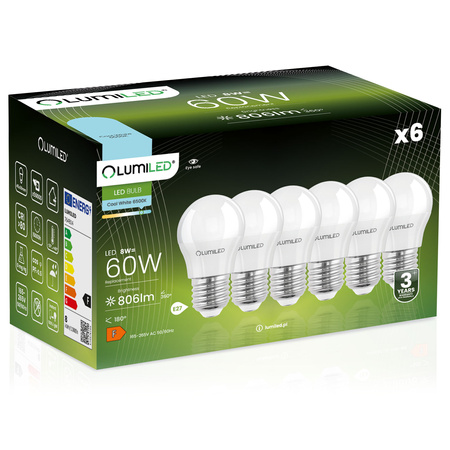 6x Žárovka LED E27, P40 8W = 60W 806lm 6500K Studená bílá 180° LUMILED