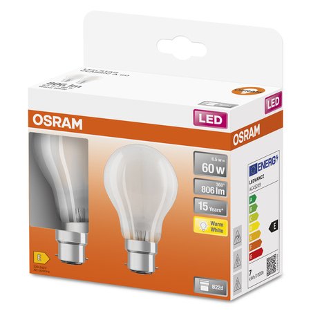 2x LED žárovka A60 B22d 6,5W = 60W 806lm 2700K teplá bílá 300° Retrofit Filament CLASSIC Osram