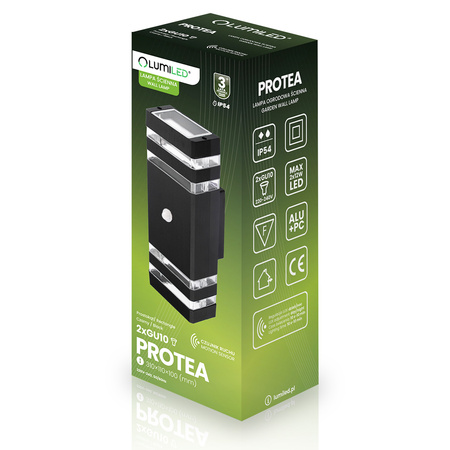 Zahradní nástěnné svítidlo shora dolů 2xGU10 Black Senzor pohybu a soumraku IP54 PROTEA LUMILED