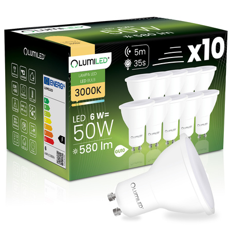 10x LED GU10 reflektor PAR16 6W = 50W 580LM 3000K teplá bílá 120° se senzorem pohybu LUMILED
