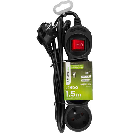 Síťový prodlužovací kabel Uzemněný napájecí pásek 3 zásuvky 1,5 m Vypínač Černý kabel Lendo Lumiled