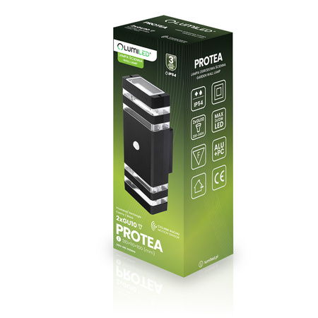 Zahradní nástěnné svítidlo shora dolů 2xGU10 Black Senzor pohybu a soumraku IP54 PROTEA LUMILED