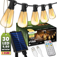 Solární zahradní girlanda 30x LED dekorativní žárovky 9,8 m 2700K Warm + PYRIS LUMILED dálkové ovládání