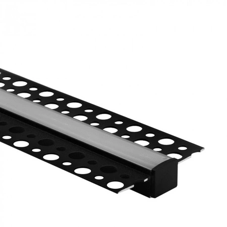 Hliníkový LED profil pro sádrokarton REGIPS Zapuštěný pod omítku Černý 2m s matným difuzorem pro LED pásky + krytky Ecolight řady GP