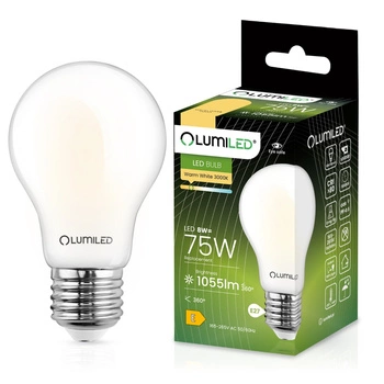 Žárovka LED E27, A60 8W = 75W 1055lm 3000K Teplá bílá 360° Mléčná Filament LUMILED