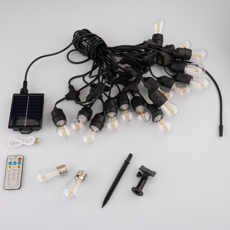 Solární zahradní girlanda 22x LED Dekorativní žárovky 15m + Dálkové ovládání IP65 2700K teplá bílá SOLLIS LUMILED