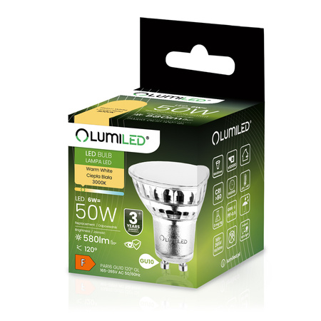 10x Žárovka LED GU10, 6W = 50W 580lm 3000K Teplá bílá 120° Skleněná LUMILED