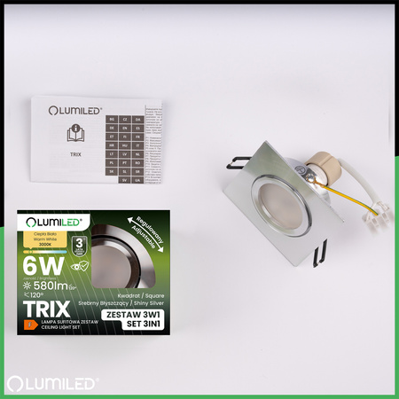 TRIX 3v1 GU10 6W 3000K Silver LUMILED čtvercové pohyblivé halogenové svítidlo k zapuštění do zdi