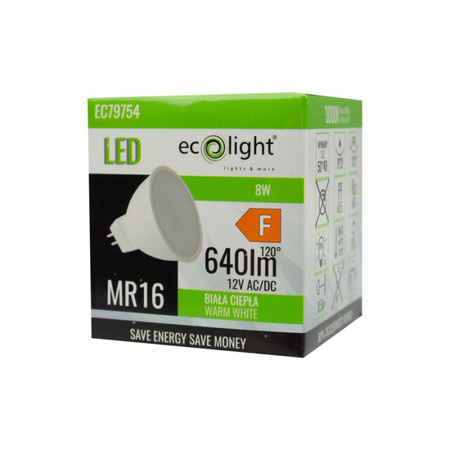 LED reflektorová žárovka MR16 GU5.3 8W 640lm 3000K Warm 12V Ecolight