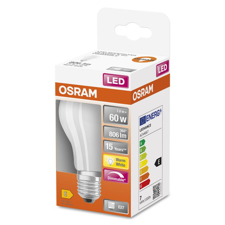 LED žárovka E27 8.5W = 60W 806lm 2700K Teplá bílá 300° CRI80 OSRAM Stmívatelné