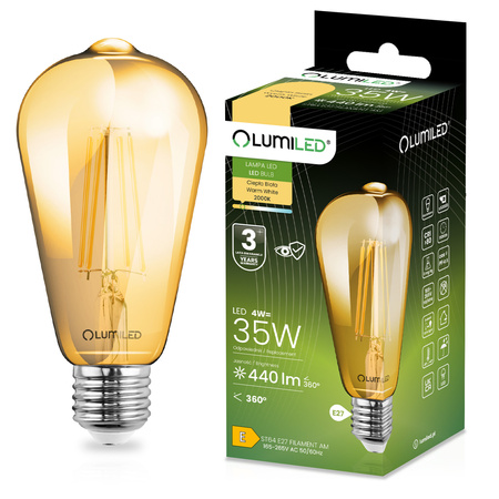 LED žárovka E27 ST64 4W = 35W 440lm 2000K Warm 360° Filament LUMILED