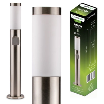 Venkovní zahradní lampa E27, LED se zásuvkou sloupek 230V 65cm inox LILIUM LUMILED