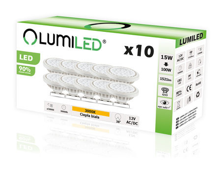 10x LED Žárovka AR111 G53 15W = 100W 1521lm 3000K 12V Teplá bílá 38° LUMILED