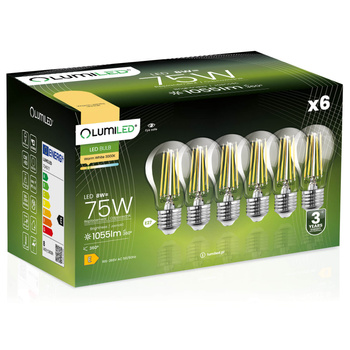 6x LED Žárovka E27 A60 8W = 75W 1055lm 3000K Teplá bílá 360° Vlákno LUMILED