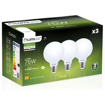 3x Žárovka LED E27, G95 8W = 75W 4000K Neutrální bílá Globe Mléčná Filament LUMILED