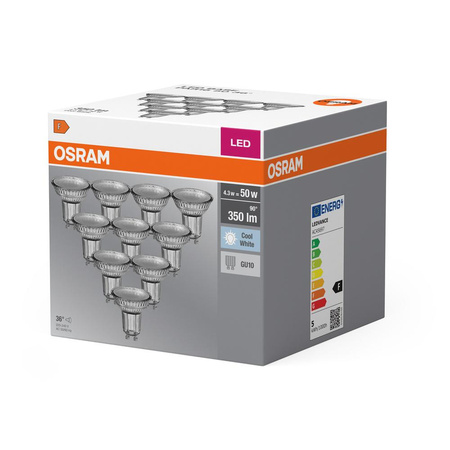 10x LED žárovka GU10 4.3W = 50W 350lm 4000K Neutrální bila 36° OSRAM