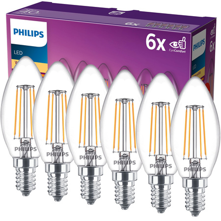 6x LED svíčková žárovka E14 B35 4,3W = 40W 470lm 2700K teplá bílá vlákno PHILIPS