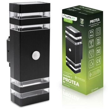 Zahradní nástěnné svítidlo shora dolů 2xGU10 Black Senzor pohybu a soumraku IP54 PROTEA LUMILED