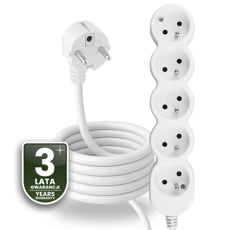 Síťový prodlužovací kabel uzemněný napájecí pásek 5 zásuvek 5m bílý kabel Lendo Lumiled