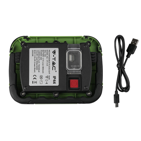 Reflektor LED 10W 700lm 6400K IP44 zelená+černá USB Dobíjecí s funkcí SOS Samsung Chip VT-11-R V-TAC