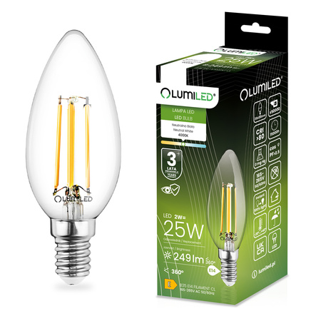LED žárovka E14 B35 2W = 25W 249lm 4000lm neutrální bílá 360° vlákno LUMILED