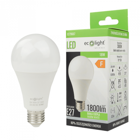 LED žárovka A70 E27 18W 1620lm 3000K teplá bílá Ecolight