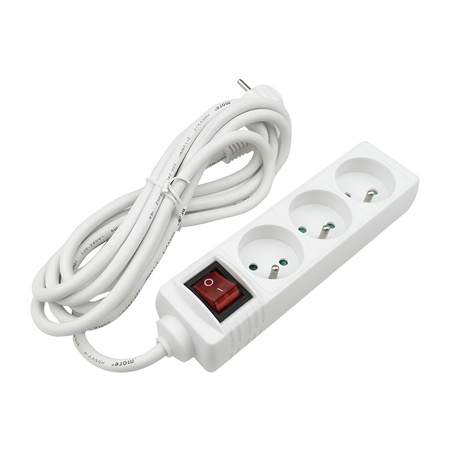 Prodlužovací síťový kabel Zástrčka - 3x zásuvka s uzemněním a vypínačem Napájecí lišta 3m 3x1,5mm 16A bílá