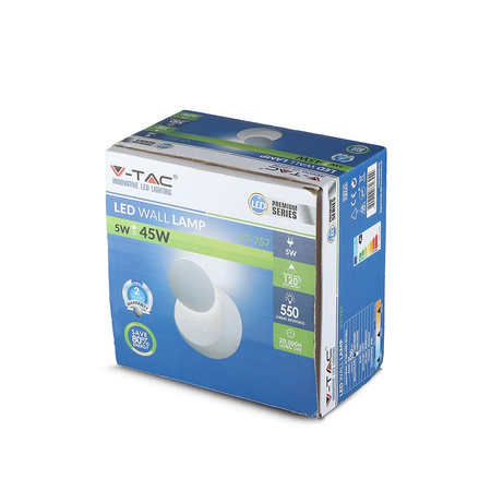 LED nástěnné svítidlo 5W 3000K IP20 BRIDGELUX CHIP Bílé kulaté VT-757 V-TAC