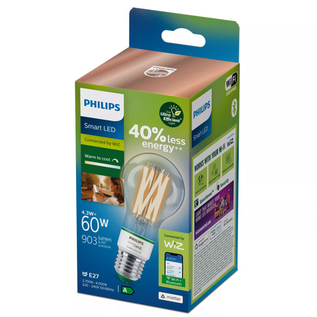LED žárovka E27 A60 4,3W = 60W 903lm 2700-4000K TW FILAMENT UltraEfficient Smart SMART WiFi Bluetooth App WiZ Philips