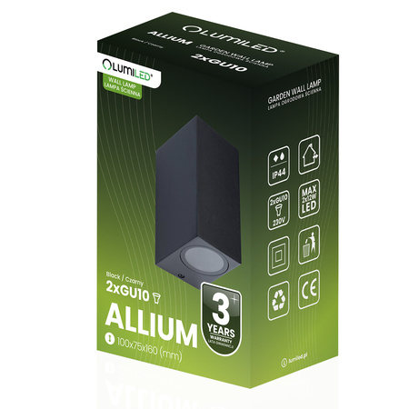 Zahradní nástěnná lampa 2x GU10, čtvercové Černá ALLIUM LUMILED