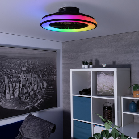 LED průmyslové svítidlo s ventilátorem + dálkové ovládání 48W 2110lm RGB CCT 150° Povrchová montáž černá PLAVE KANLUX