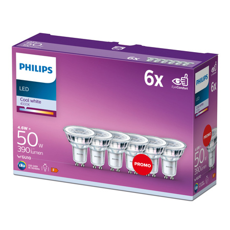 Sada 6x LED halogenová žárovka GU10 PAR16 4,6W = 50W 390lm 4000K Neutrál 36° PHILIPS
