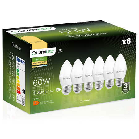 6x Žárovka LED E27, B35 8W = 60W 806lm 3000K Teplá bílá 180° LUMILED