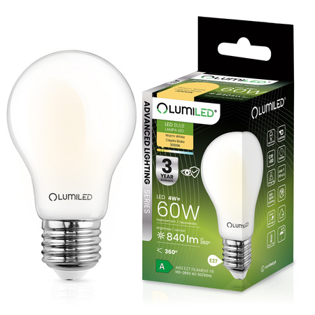 Žárovka LED E27, A60 4W = 60W 840lm 3000K Teplá bílá 360° Skleněná Filament ALS LUMILED