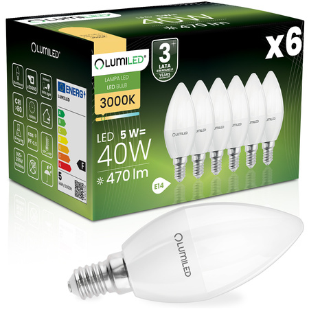 6x Žárovka LED Svíčka B35, E14 5W = 40W 470lm 3000K Teplá bílá 180° LUMILED