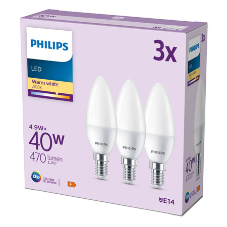 Sada 3x LED svíčková žárovka E14 B35 4,9W = 40W 470lm 2700K Teplá matná PHILIPS