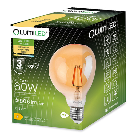 Žárovka Dekorativní Kulka LED E27, G125 7W = 60W 806lm 2000K Teplá bílá 360° Filament Globe Amber LUMILED