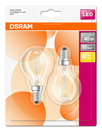 2x LED žárovka E14 P45 4W = 40W 470lm 2700K Teplá bílá 300° Vlákno OSRAM