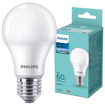 LED žárovka E27 A60 8W = 60W 806lm 6500K studená bílá 180° Philips