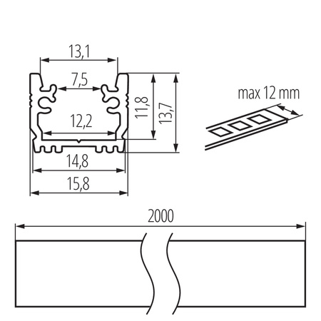 Hliníkový profil pro povrchovou montáž LED pásku Eloxovaný 2m PROFILO Kanlux 5ks.