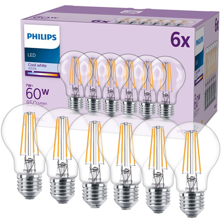 6x E27 A60 LED žárovka 7W = 60W 850lm 4000K neutrální bílá vlákno PHILIPS