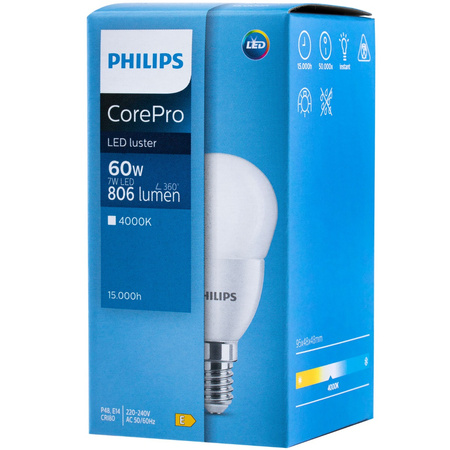 LED žárovka E14 7W = 60W 806lm 4000K Neutrální bila BALL PHILIPS