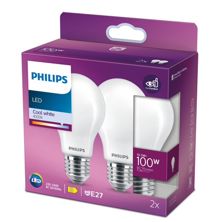 2x LED Žárovka E27 A60 10,5W = 100W 1521lm 4000K neutrální bílá vlákno Mléčné PHILIPS
